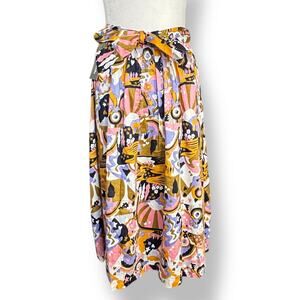 ModCloth Psychedelic Midi Skirt Retro Pink Orange Purple Tie Waist Bow Detail